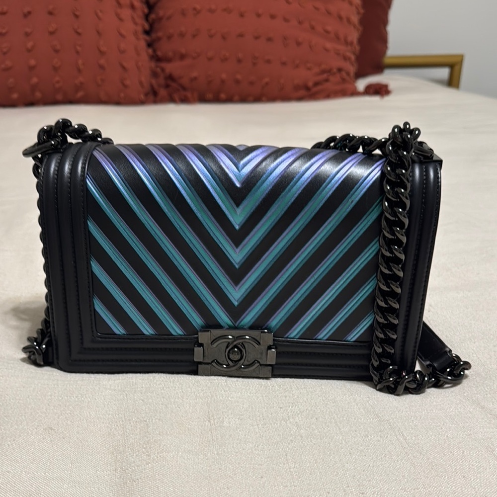 Chanel Black and Blue Crossbody Bag with Chevron Design